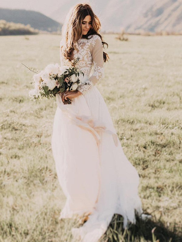 Wholesale A-Line/Princess Applique Tulle Scoop Long Sleeves Sweep/Brush Train Wedding Dresses